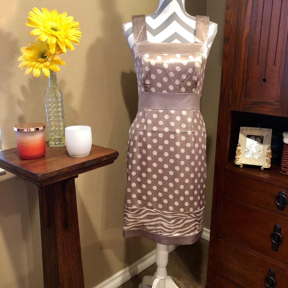🆕 BCBG Taupe Polka Dot and Print Dress